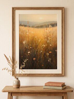 Dreamy Golden Hour Wildflower Meadow Art Print | Warm Boho Landscape Wall Art